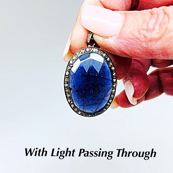 Diamond Sapphire Pendant on 36” Oxidized Sterling Paperclip Chain Diamond Clasp - Picture 4 of 10